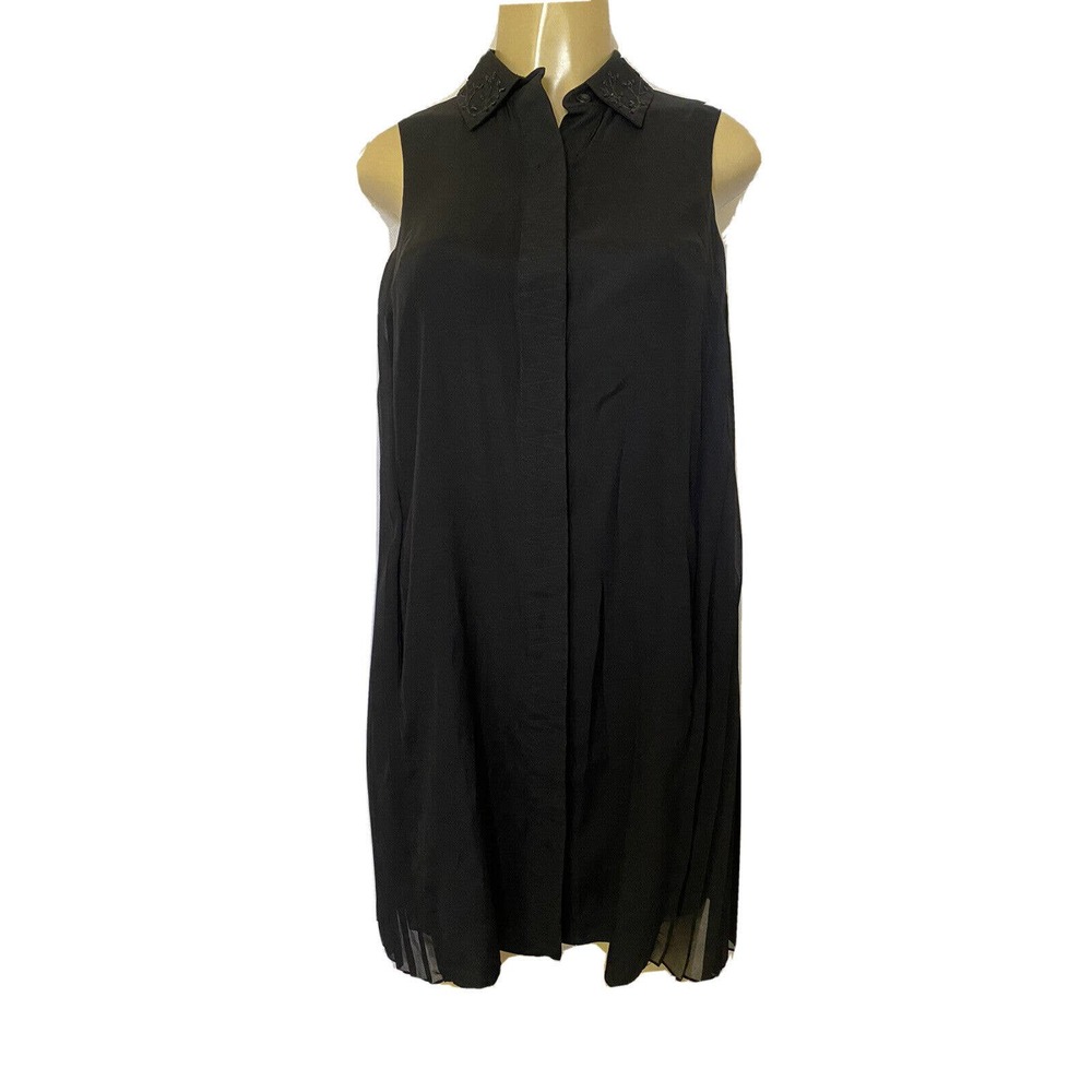 Rag & Bone Shirt Dress Shift Black Sleeveless Pleated Silk Button Down X…